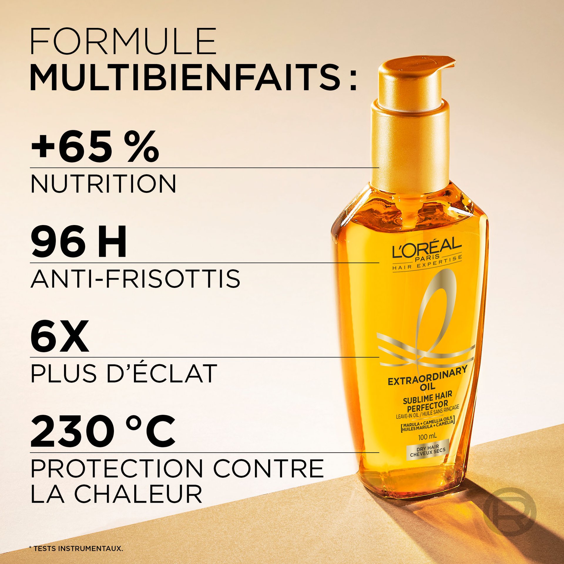 Une formule multibienfait avec +65% de nutrition, 96h sans frisottis, 6x plus d'éclats et protecteur de chaleur